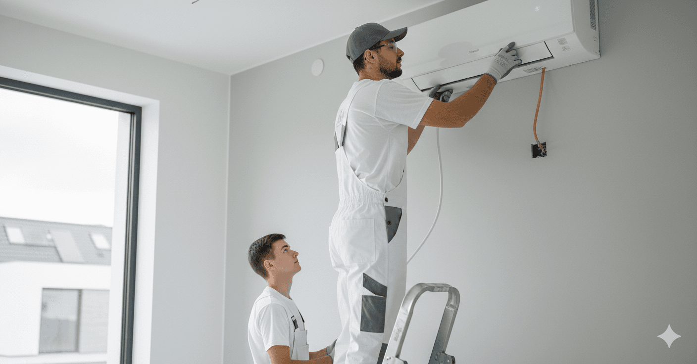 Técnico instalando aire acondicionado split, trabajo profesional