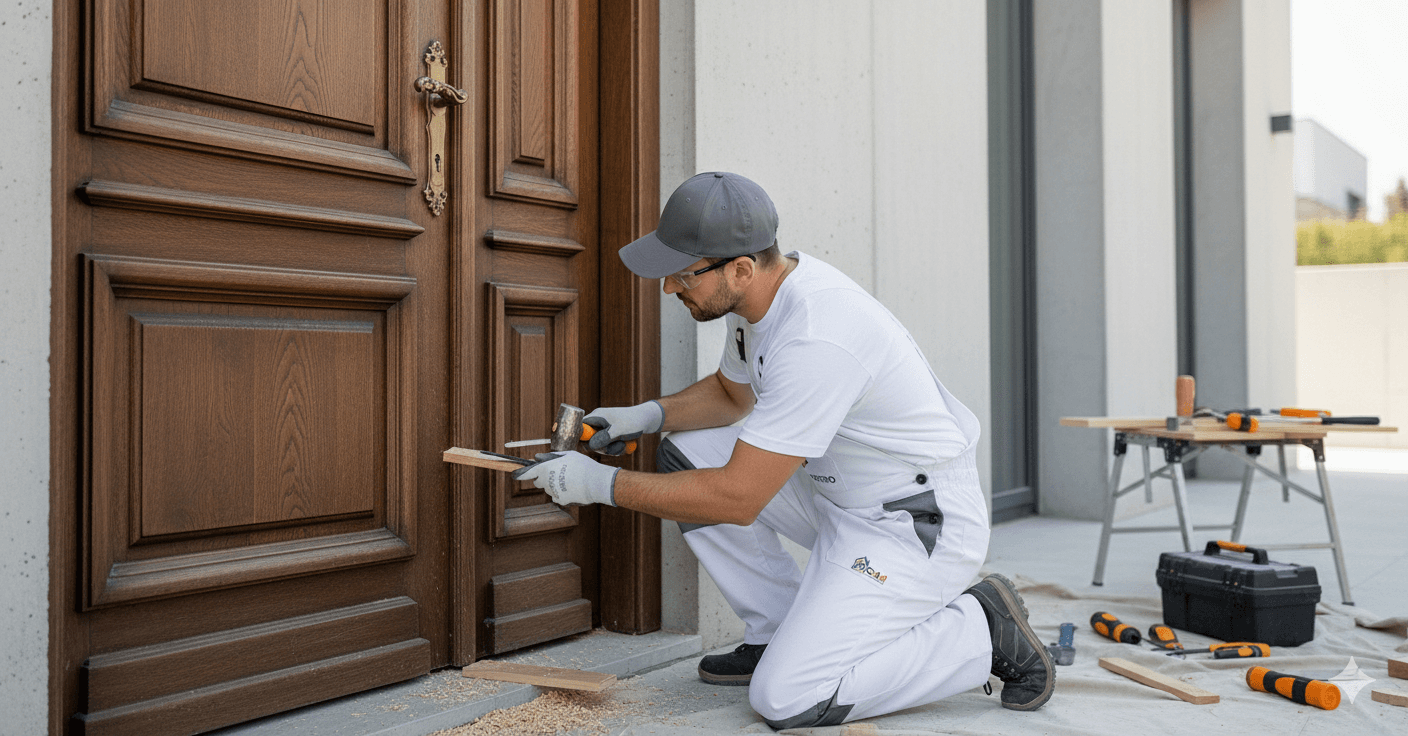 Carpintero profesional trabajando con madera, herramientas y muebles