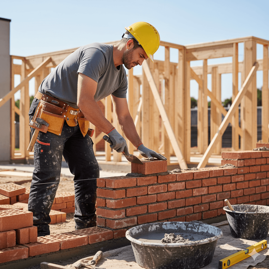 Albañil profesional trabajando en construcción, herramientas y materiales