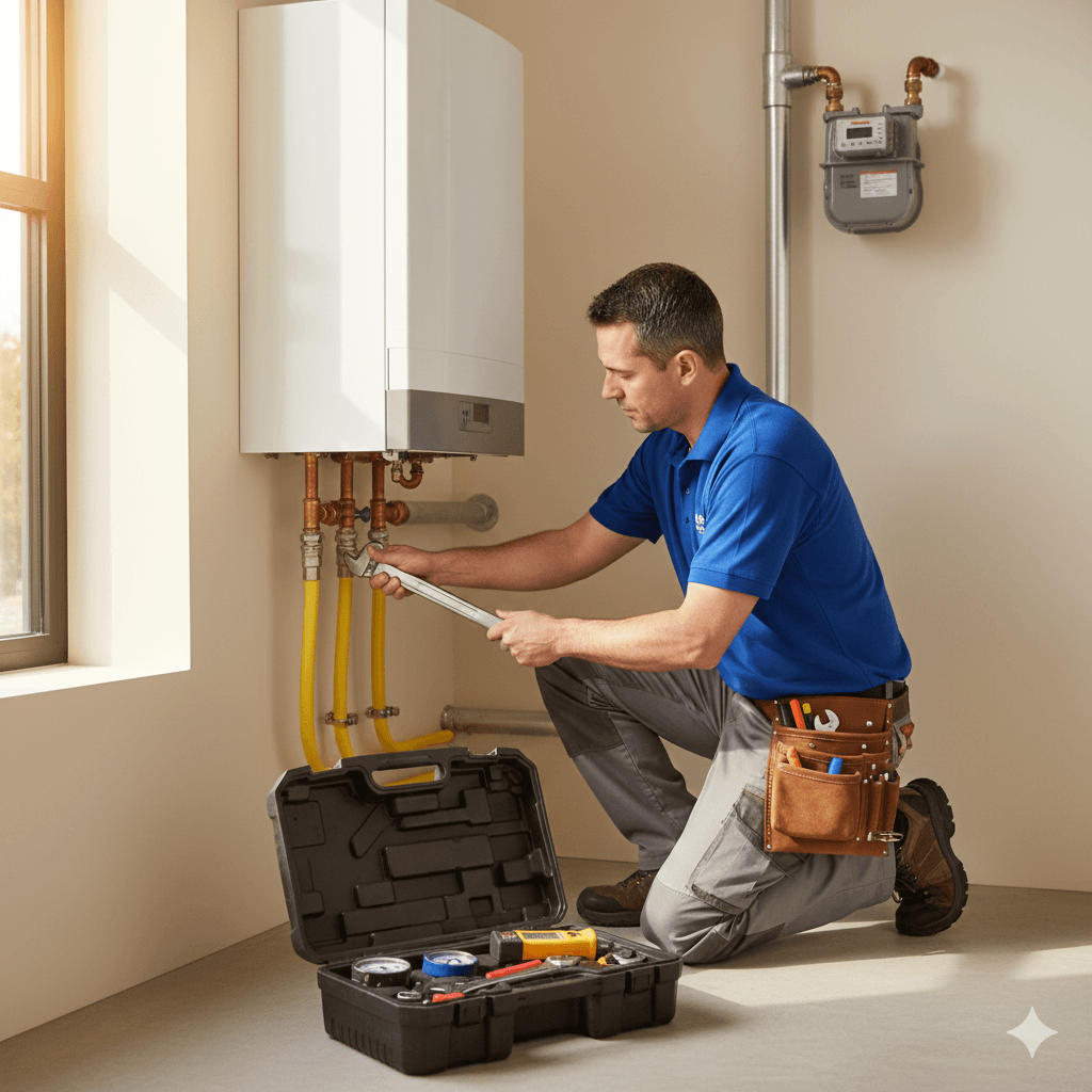 Gasista profesional trabajando en instalación de gas, seguridad y profesionalismo