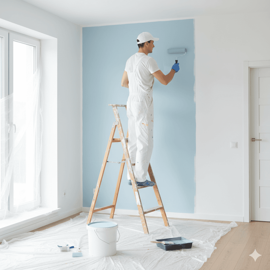 Pintor profesional trabajando, herramientas y pintura