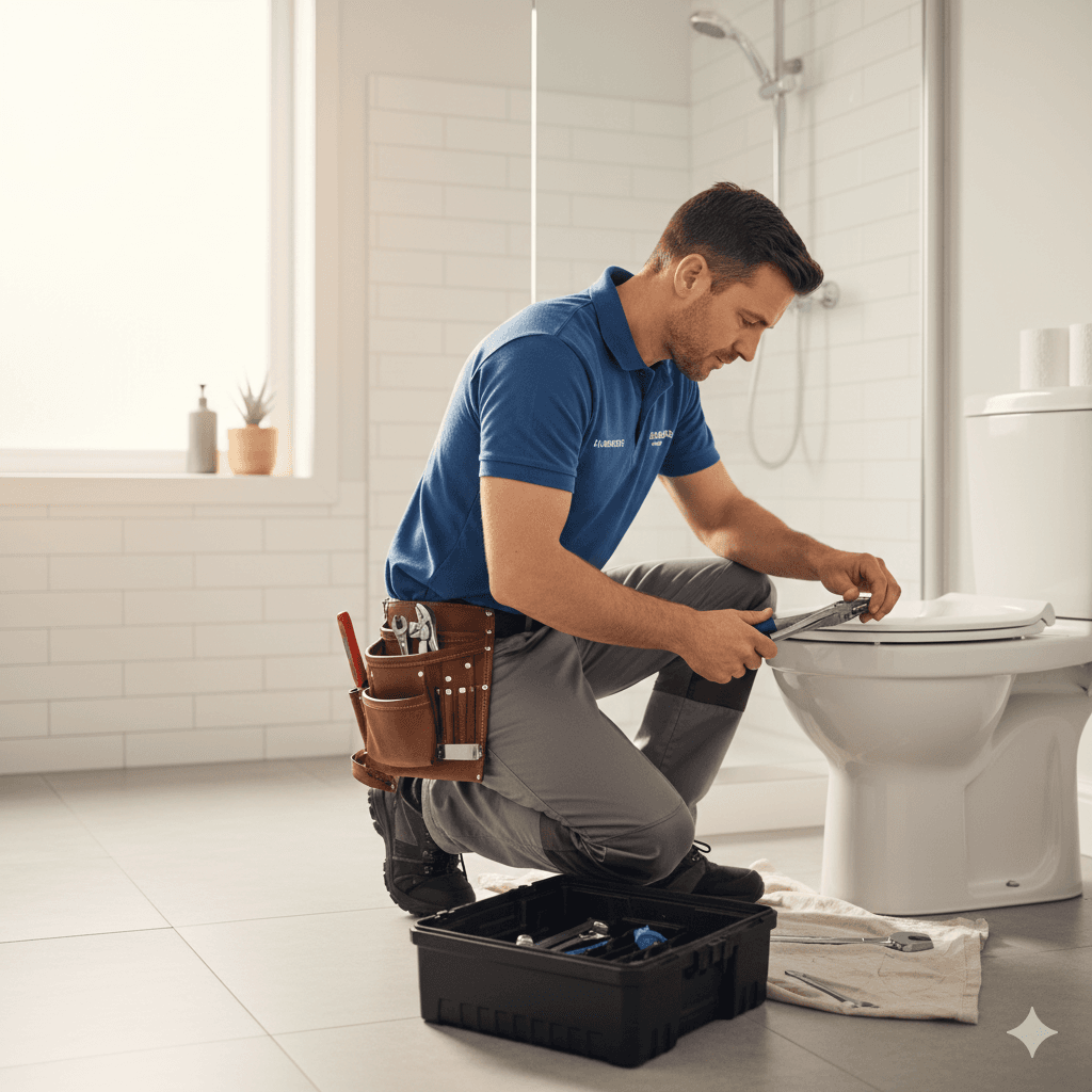 Taller de plomería ordenado con herramientas colgadas y mangueras, estilo moderno y profesional